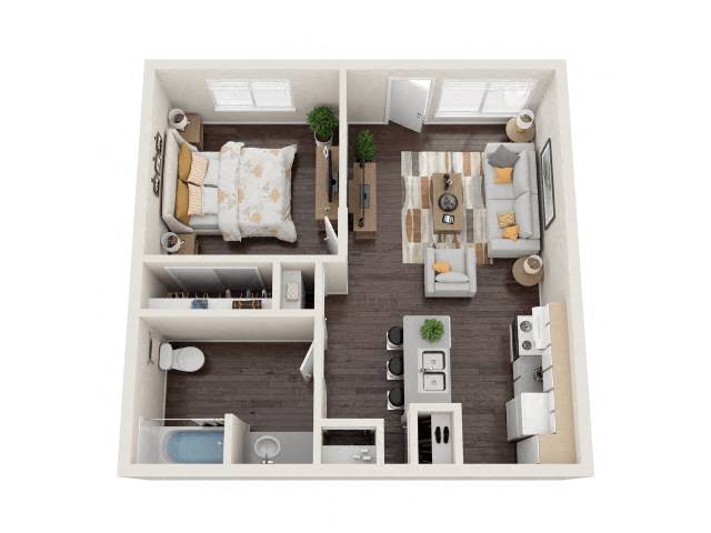 Floor plan for 1 bed, 1 bath, 577 sqft
